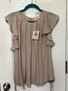 easel Beige Ribbed Scoop Neck Top